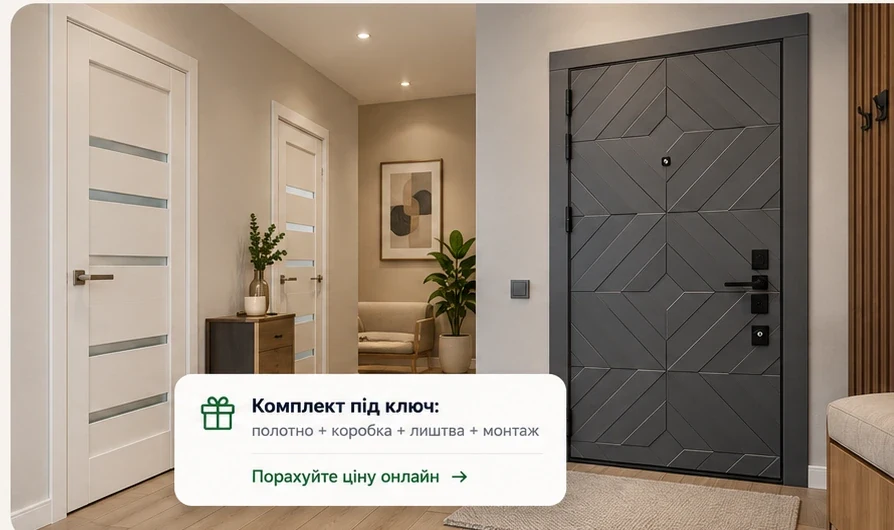Сучасні білі міжкімнатні та сірі вхідні двері в інтер'єрі квартири у Львові